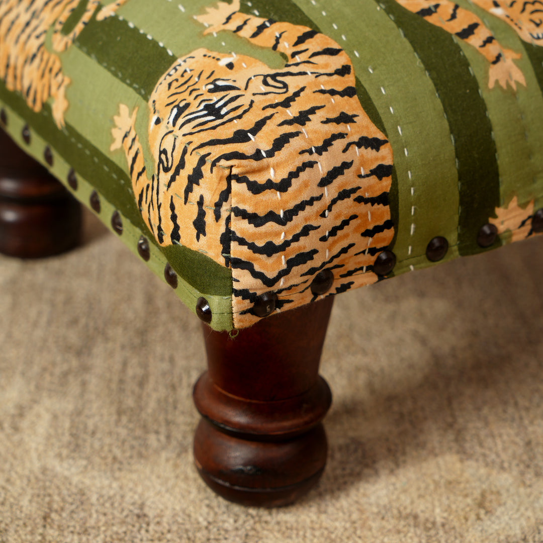 Jungle Stripe Cotton Footstool with Wooden Legs – Green