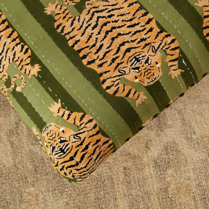 Jungle Stripe Cotton Footstool with Wooden Legs – Green