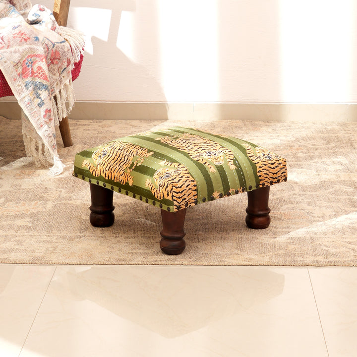 Jungle Stripe Cotton Footstool with Wooden Legs – Green