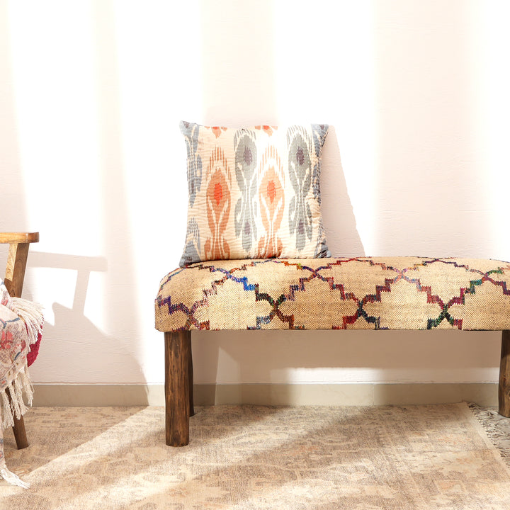 Jute Upholstered Bench with Wooden Legs Multicolor 114 cm