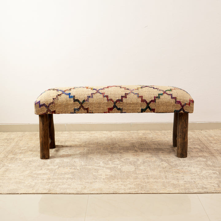 Jute Upholstered Bench with Wooden Legs Multicolor 114 cm