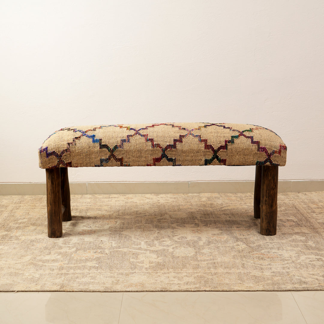 Jute Upholstered Bench with Wooden Legs Multicolor 114 cm