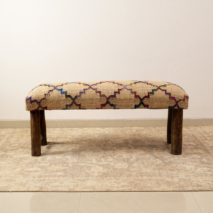 Jute Upholstered Bench with Wooden Legs Multicolor 114 cm