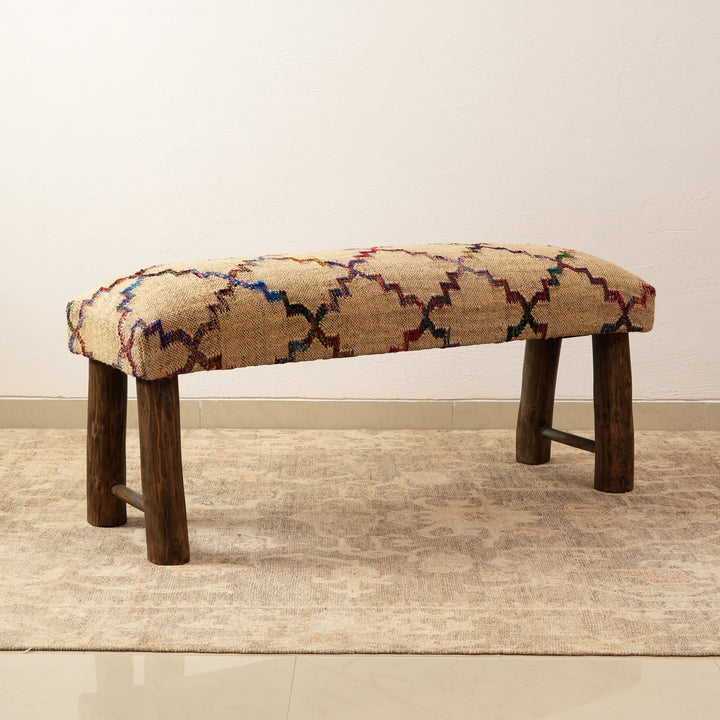 Jute Upholstered Bench with Wooden Legs Multicolor 114 cm