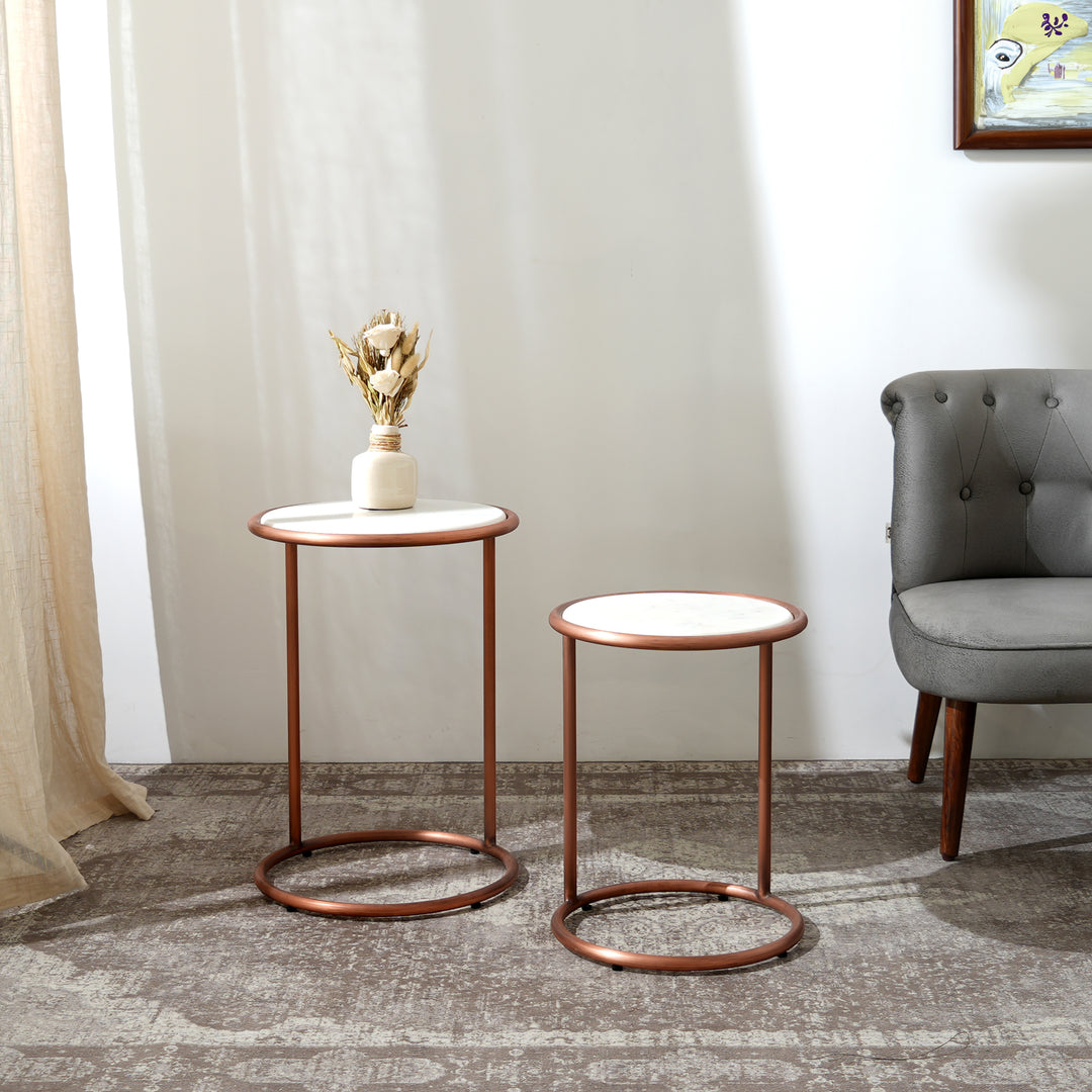 Copper Antique C Round Table With Marble Top Set of 2