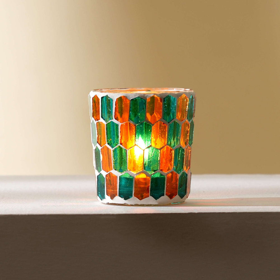 Round Mosaic Glass Votive Candle Holder – Handmade Decorative Tealight Holder