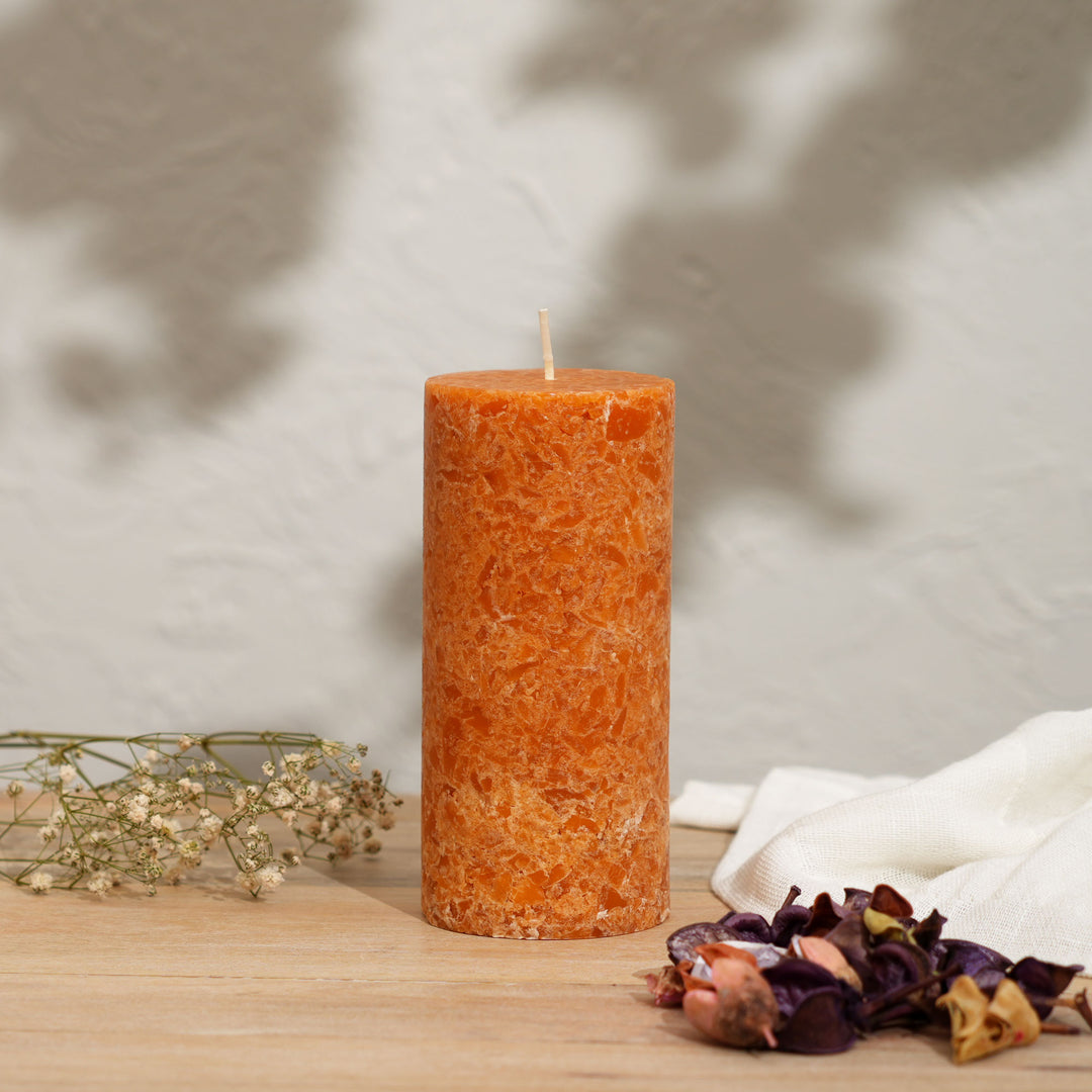 Grapefruit & Ginger Marble Pillar Candle – Ochre Collection | Handcrafted Marble Finish Wax Candle with Fresh Citrus & Spicy Aroma | Elegant Home Décor Accent