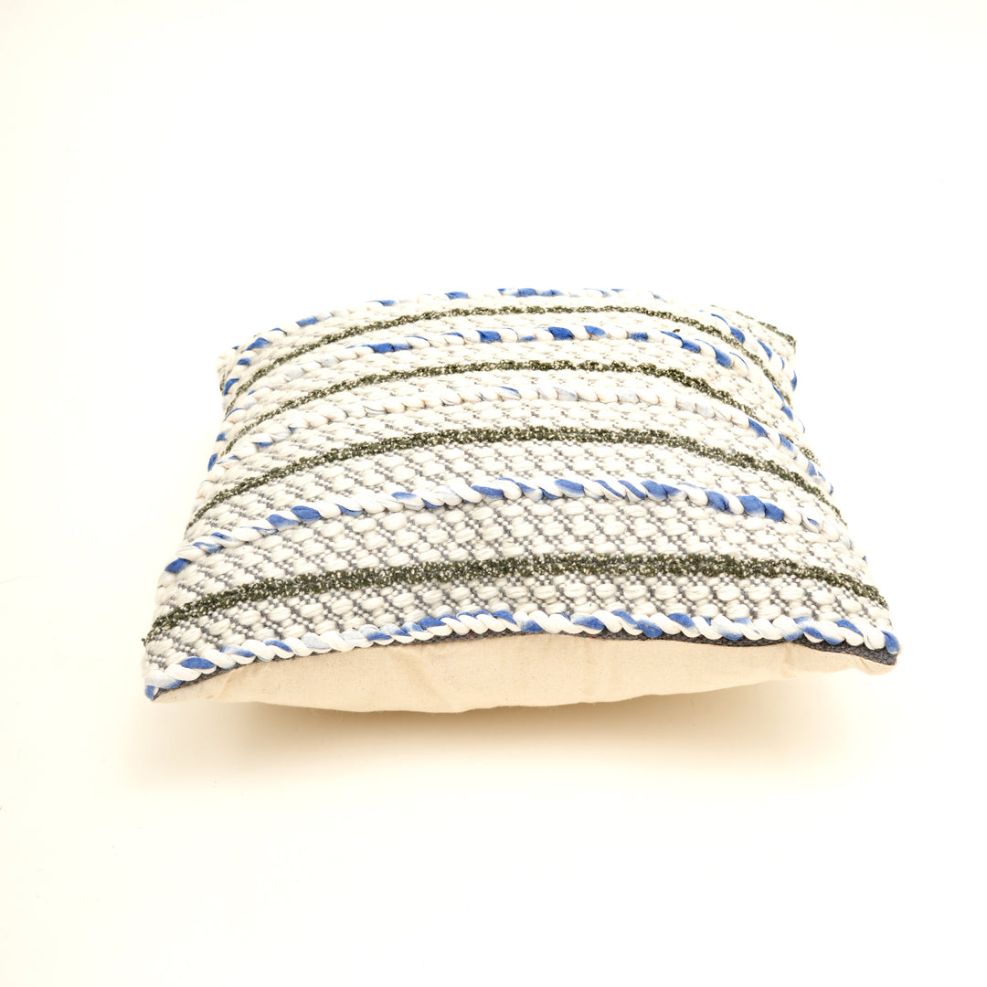 Ivory/Blue/Charcoal Handwoven Cushion – Decorative Throw Pillow for Sofa, Armchair, and Bed