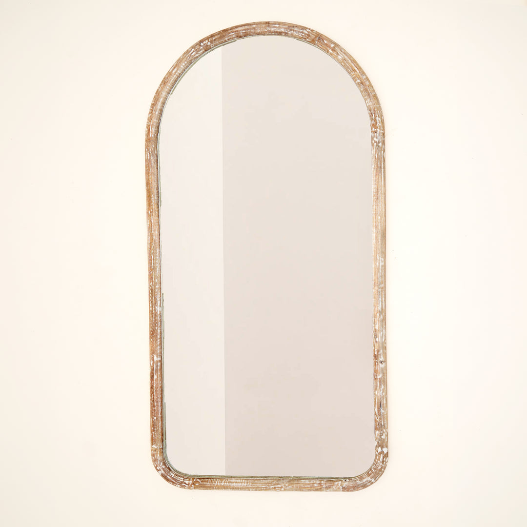 Semi Round Wall Mirror in Antique White Mango Wood Frame