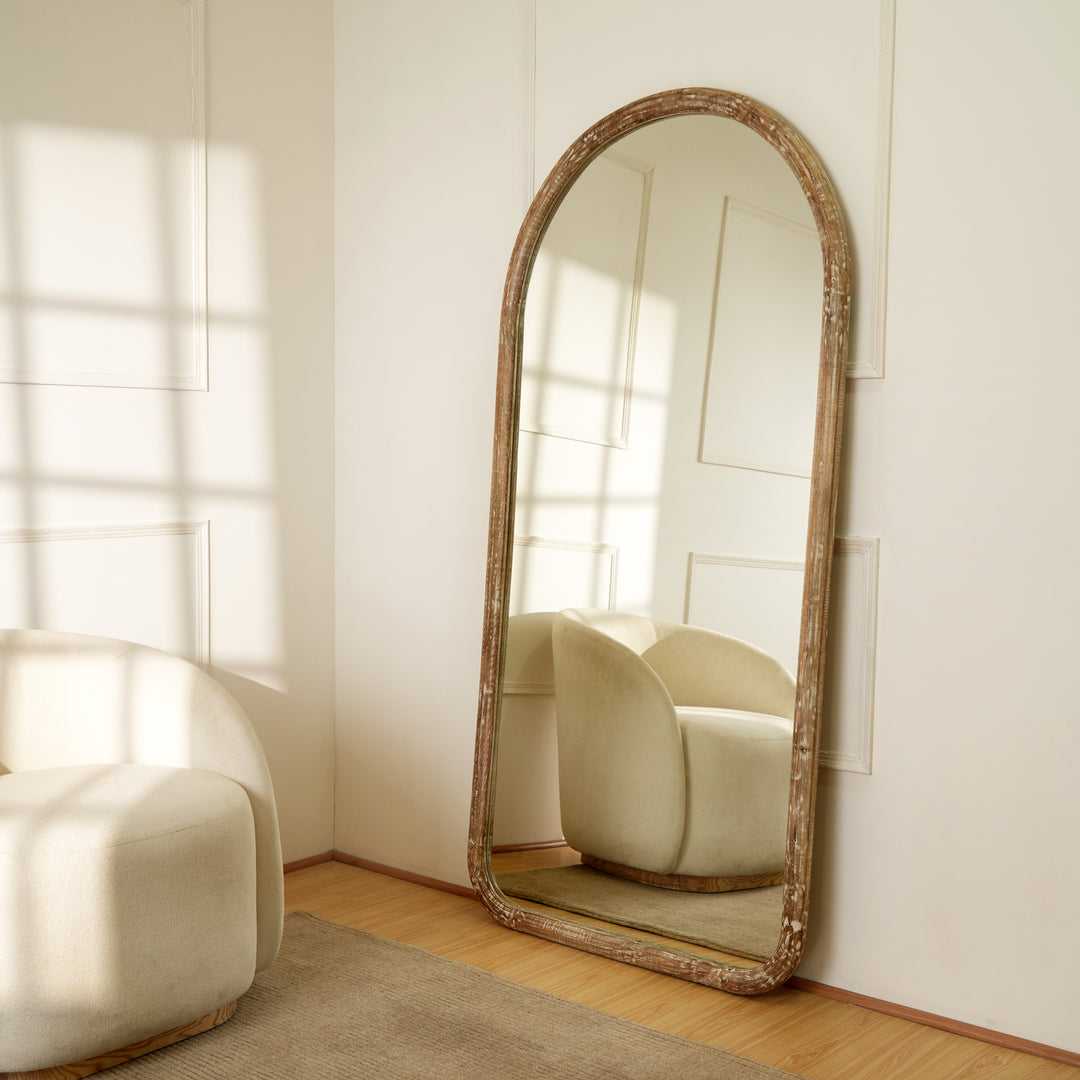 Semi Round Wall Mirror in Antique White Mango Wood Frame