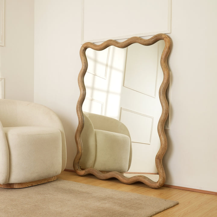 Wavy Rattan Wall Mirror in Natural Mango Wood 90x120 cm