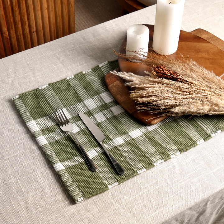 Green Checker Stripe Placemat – Durable Polyester Table Mat for Dining and Kitchen