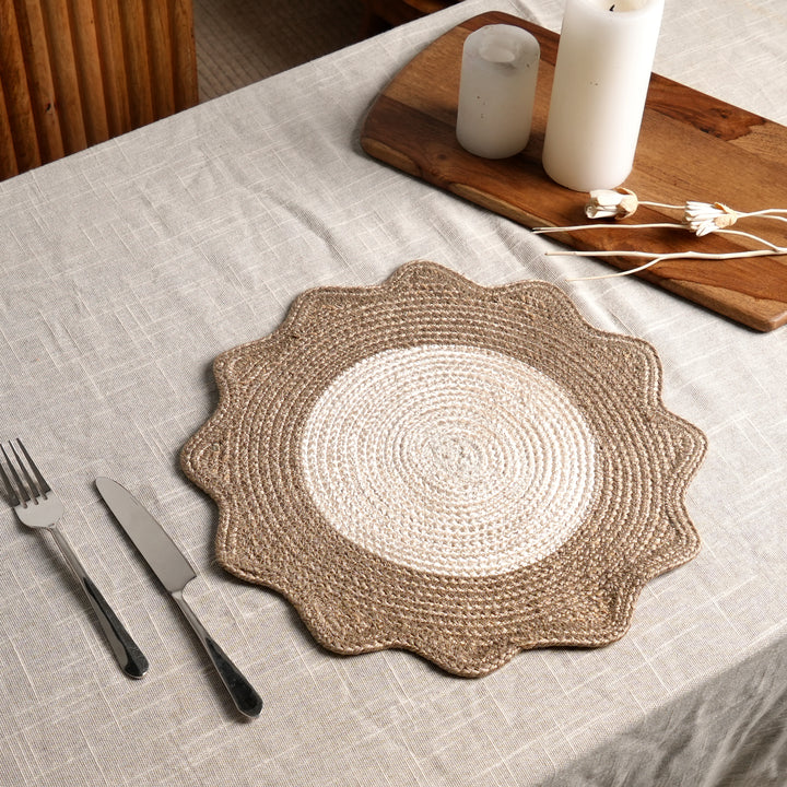 Beige Polyester Braided Placemat – Durable Round Table Mat for Dining
