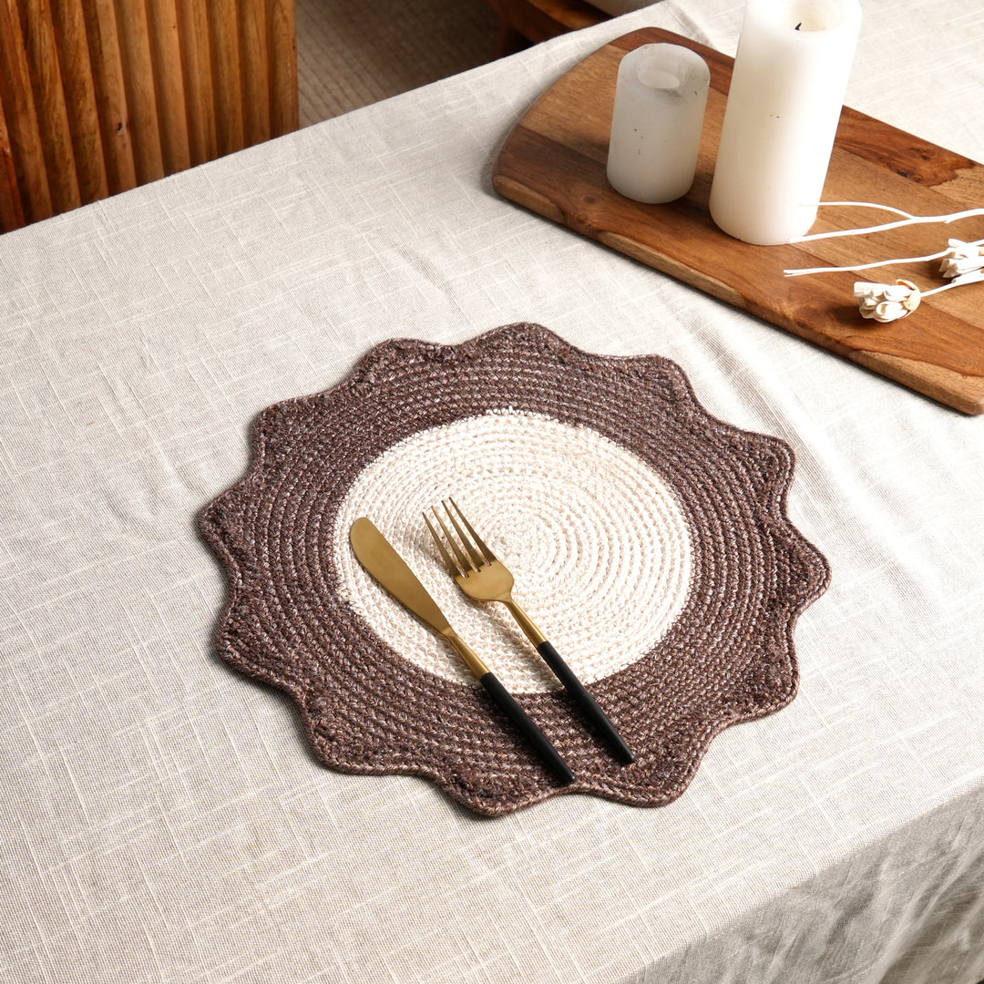 Brown Polyester Braided Placemat – Durable Round Table Mat for Dining