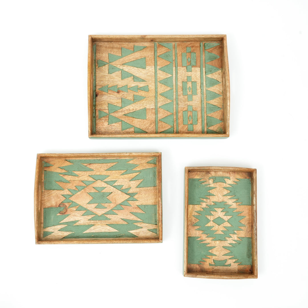 3-Pc Green Carved Wood Serving Tray Set | Nesting Decorative Ottoman Coffee Table Trays | Handcrafted Home Decor Accent