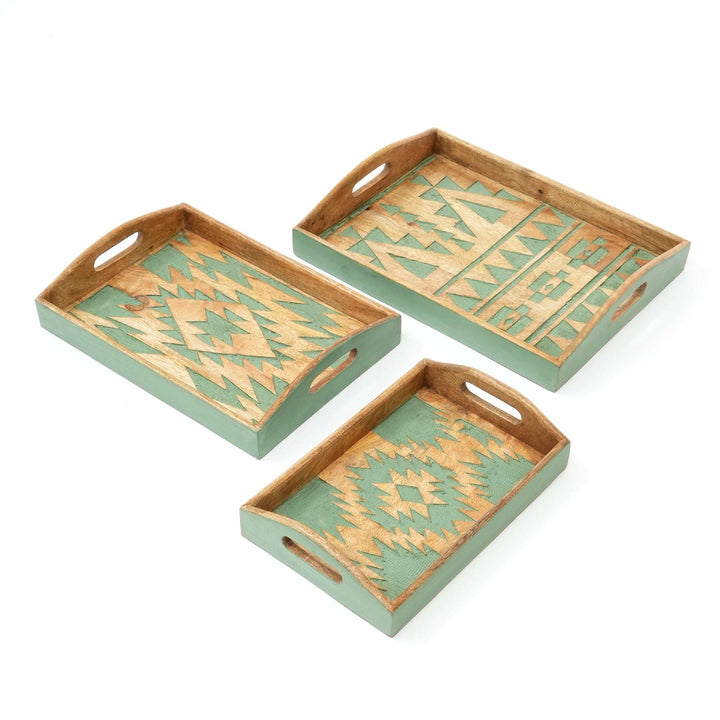 Matterhorn Carved Tray Set of 3 – Green Finish