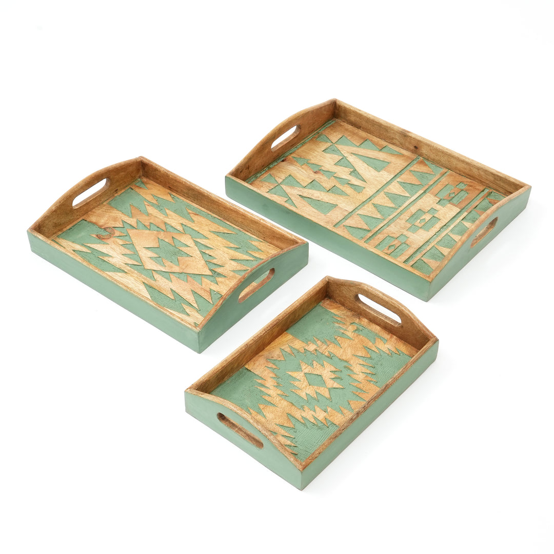 3-Pc Green Carved Wood Serving Tray Set | Nesting Decorative Ottoman Coffee Table Trays | Handcrafted Home Decor Accent