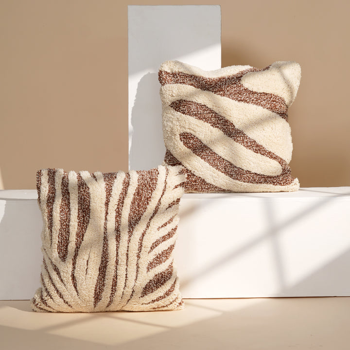 Driftweave Zebra Pattern Tufted Cushion | Ivory & Brown Decorative Pillow