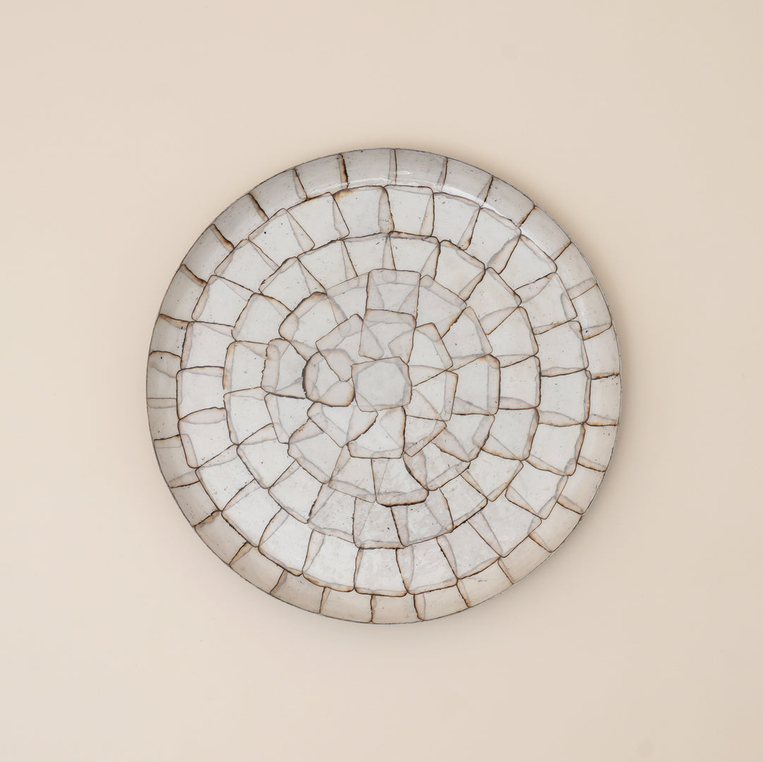 Set of 2 Mosaic Shell Pattern Round Iron Serving Dish – Enamel Finish Decorative Platter