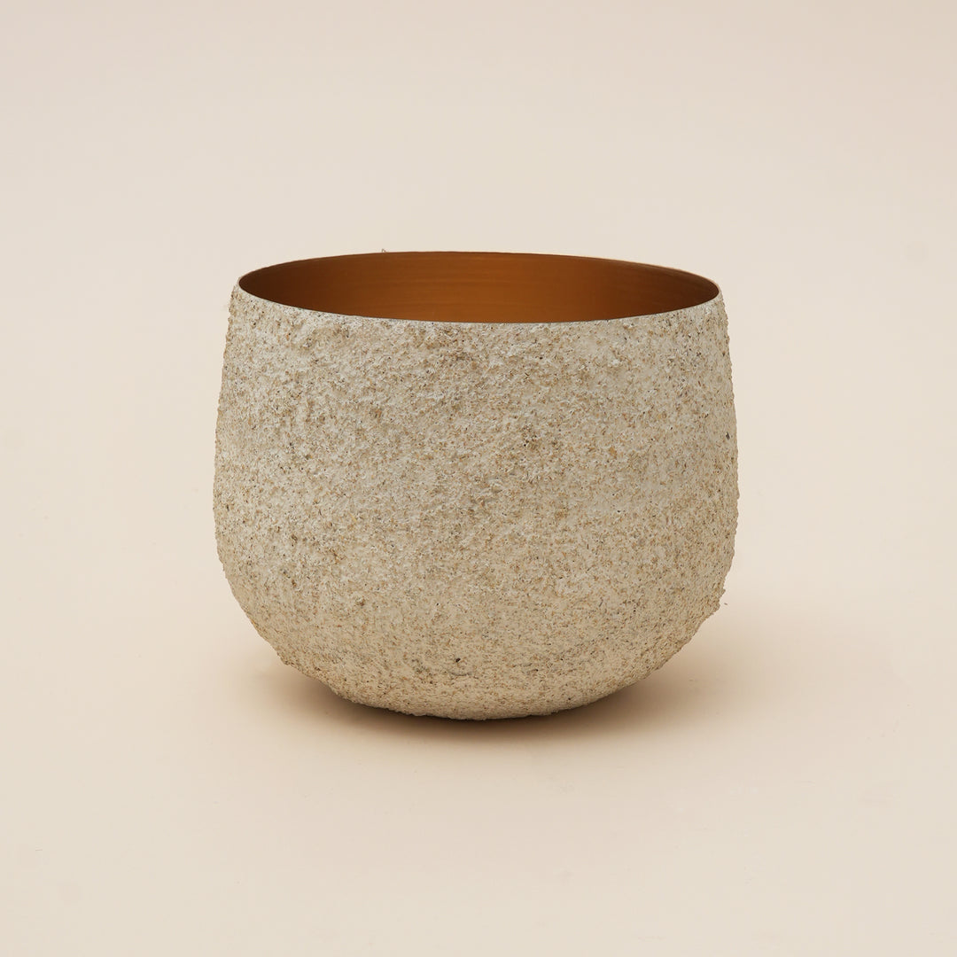 Textured Stone-Finish Iron Planter Pot – White | Decorative Indoor Planter