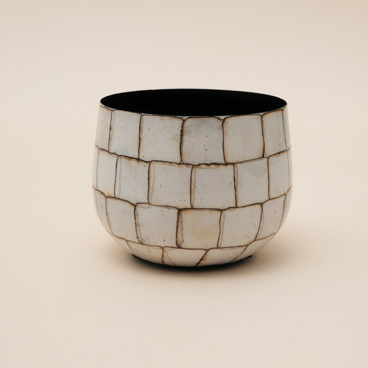 Set of 3 Vintage Crackle Glaze Round Iron Planter Pot – White Stone Mosaic Design