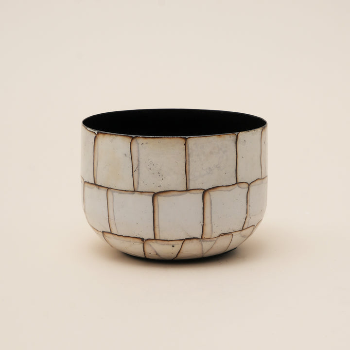 Set of 3 Vintage Crackle Glaze Round Iron Planter Pot – White Stone Mosaic Design