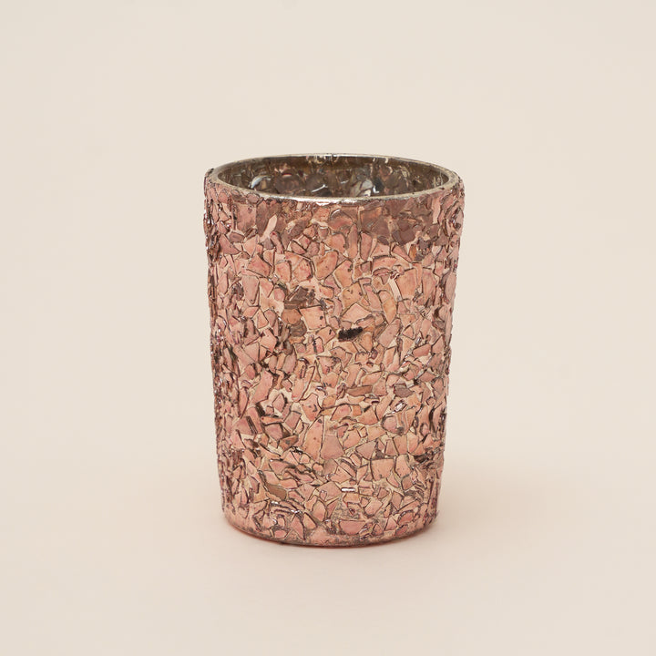 Set of 4 Gold Mosaic Cylinder Glass Votive Candle Holders | Handcrafted Shimmer Tile Design