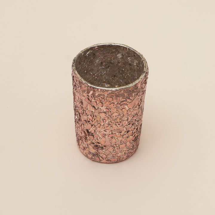 Set of 4 Gold Mosaic Cylinder Glass Votive Candle Holders | Handcrafted Shimmer Tile Design