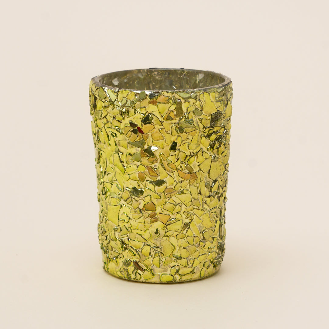Set of 4 Gold Mosaic Cylinder Glass Votive Candle Holders | Handcrafted Shimmer Tile Design