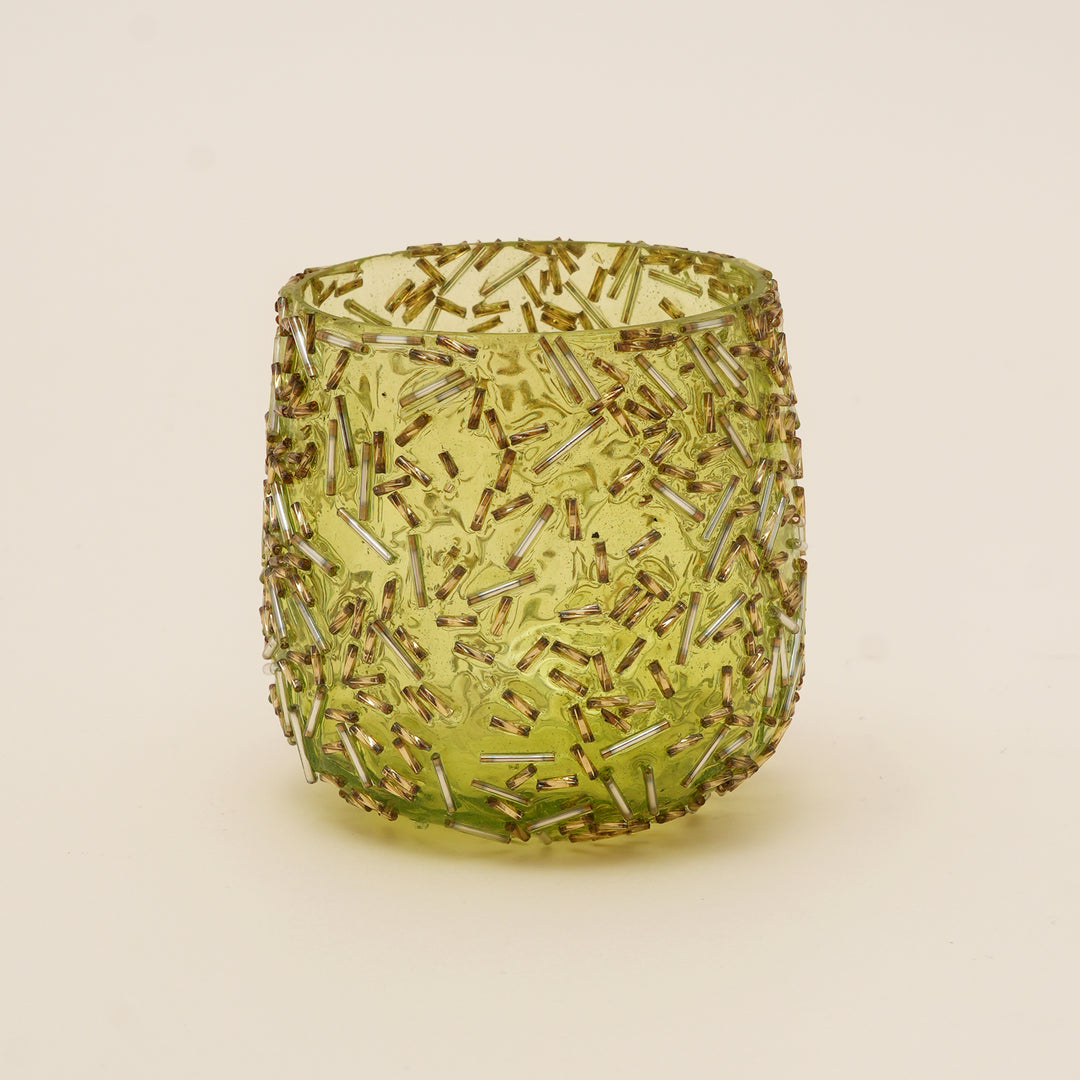 Set of 4 Gold Beaded Rod Tulip Glass Votive Candle Holders | Handcrafted Sleek Luxe Design