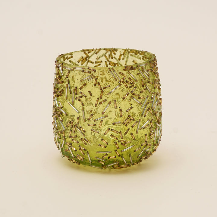 Set of 4 Gold Beaded Rod Tulip Glass Votive Candle Holders | Handcrafted Sleek Luxe Design