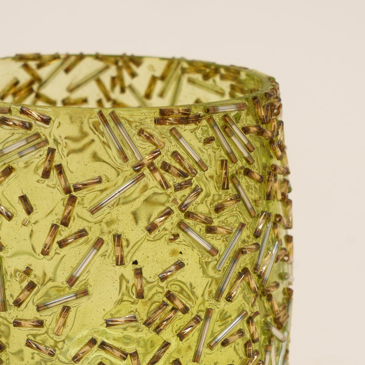 Set of 4 Gold Beaded Rod Tulip Glass Votive Candle Holders | Handcrafted Sleek Luxe Design