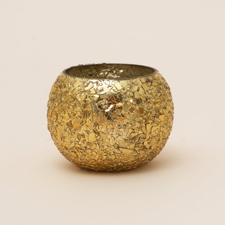Set of 4 Gold Mosaic Globe Glass Votive Candle Holders | Handcrafted Glitter Crackle Design Tealight Holders