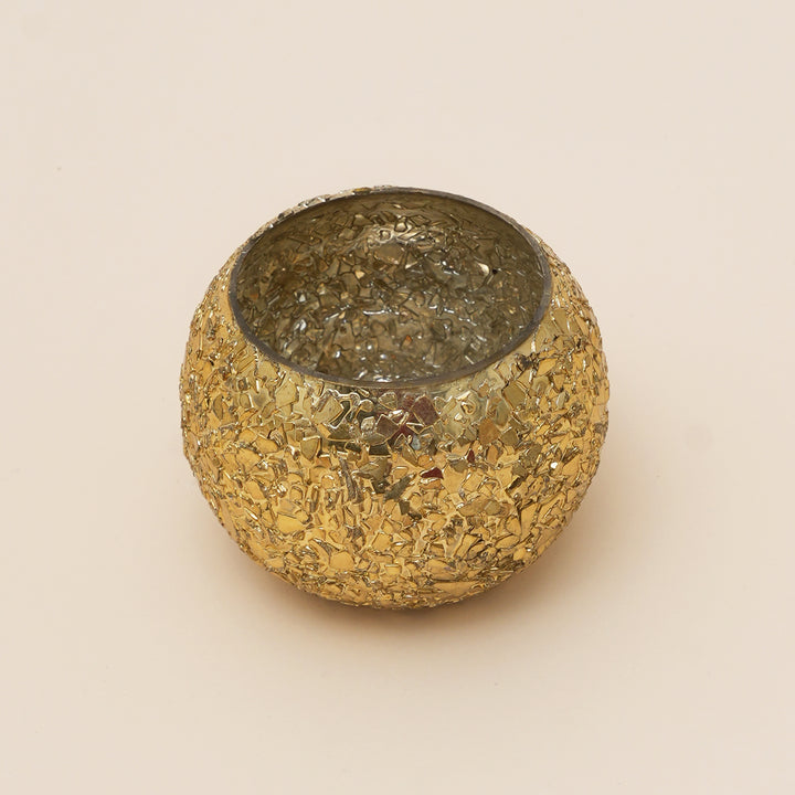 Set of 4 Gold Mosaic Globe Glass Votive Candle Holders | Handcrafted Glitter Crackle Design Tealight Holders