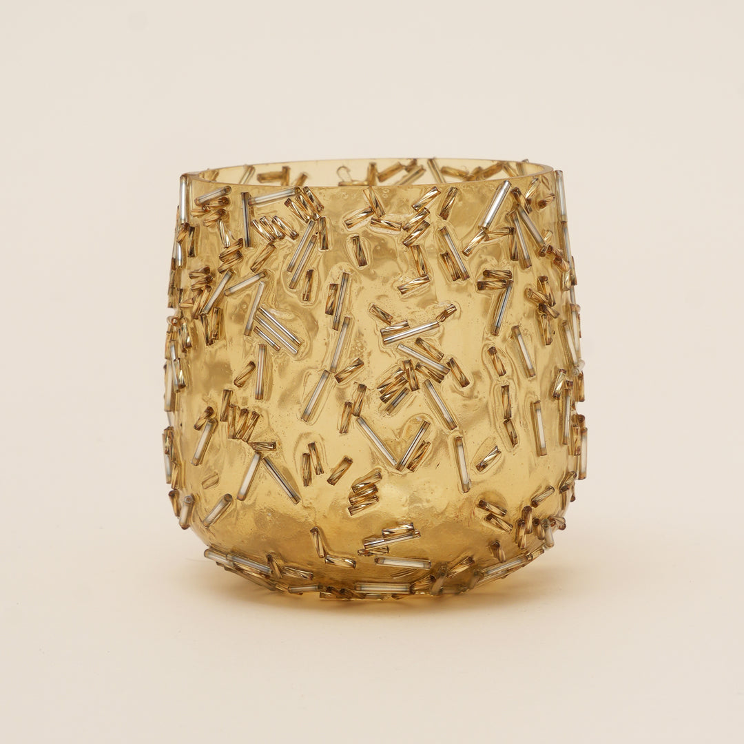 Set of 4 Gold Beaded Rod Tulip Glass Votive Candle Holders | Handcrafted Sleek Luxe Design