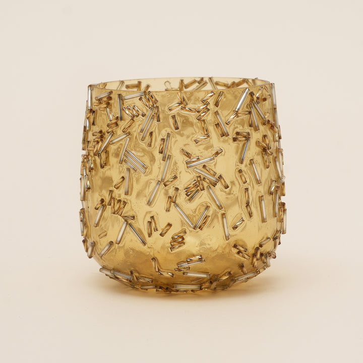 Set of 4 Gold Beaded Rod Tulip Glass Votive Candle Holders | Handcrafted Sleek Luxe Design