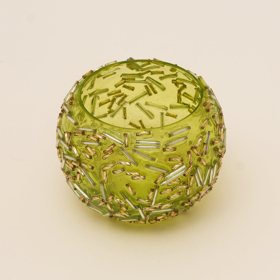 Set of 4 Gold Beaded Rod Globe Glass Votive Candle Holders | Handcrafted Radiant Glow Design Tealight Holders