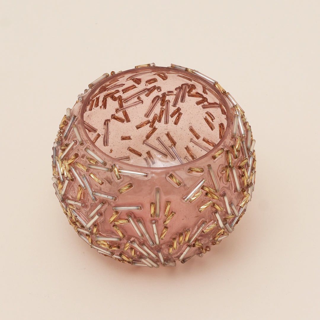 Set of 4 Gold Beaded Rod Globe Glass Votive Candle Holders | Handcrafted Radiant Glow Design Tealight Holders