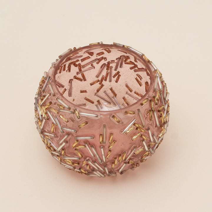 Set of 4 Gold Beaded Rod Globe Glass Votive Candle Holders | Handcrafted Radiant Glow Design Tealight Holders