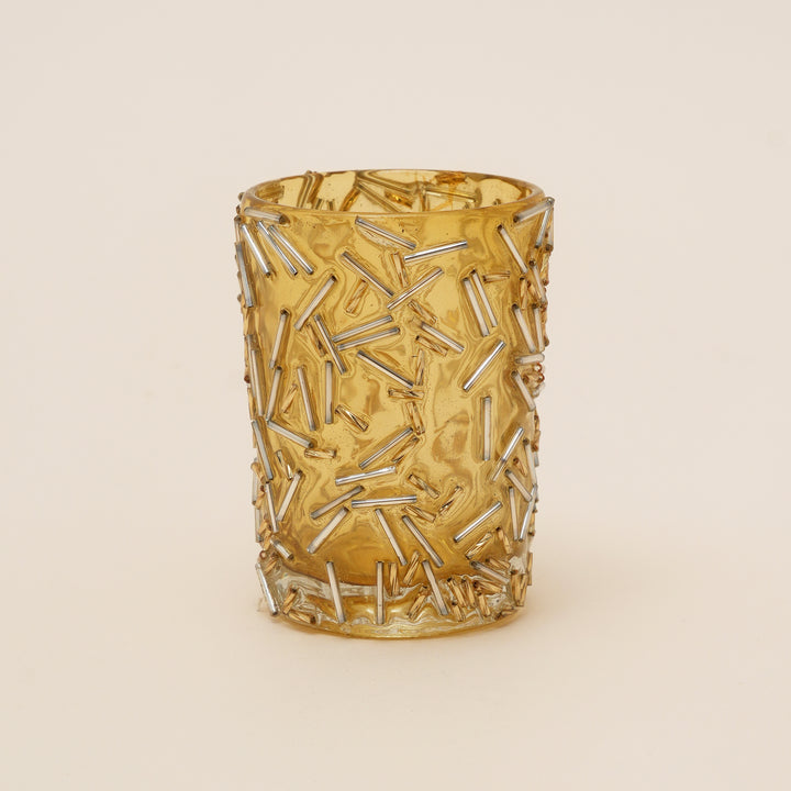 Set of 4 Gold Beaded Rod Cylinder Glass Votive Candle Holders | Handcrafted Sleek Luxe Design