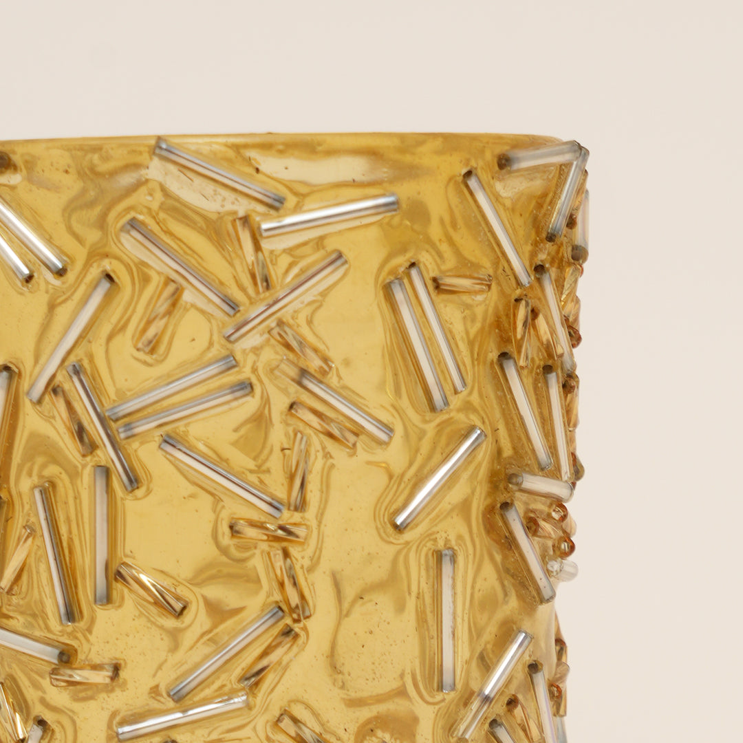 Set of 4 Gold Beaded Rod Cylinder Glass Votive Candle Holders | Handcrafted Sleek Luxe Design