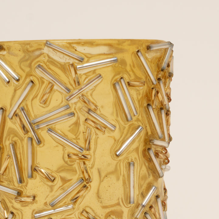Set of 4 Gold Beaded Rod Cylinder Glass Votive Candle Holders | Handcrafted Sleek Luxe Design