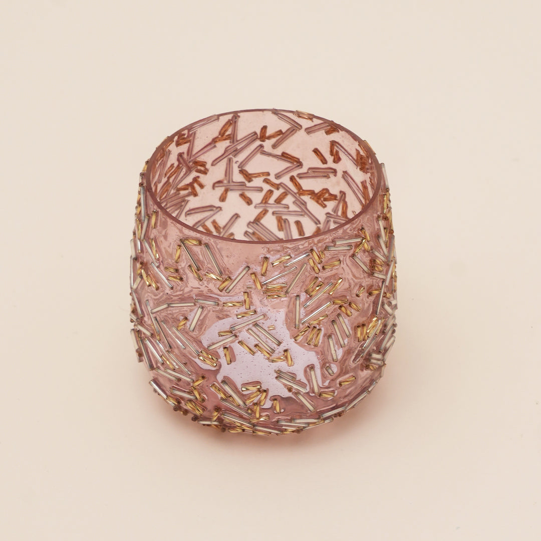 Set of 4 Gold Beaded Rod Tulip Glass Votive Candle Holders | Handcrafted Sleek Luxe Design