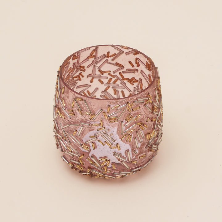 Set of 4 Gold Beaded Rod Tulip Glass Votive Candle Holders | Handcrafted Sleek Luxe Design