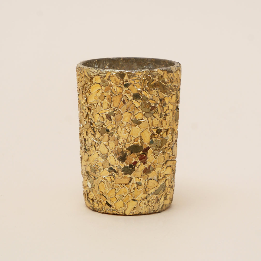 Set of 4 Gold Mosaic Cylinder Glass Votive Candle Holders | Handcrafted Shimmer Tile Design