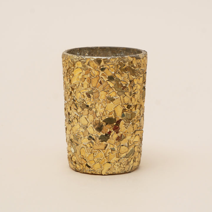 Set of 4 Gold Mosaic Cylinder Glass Votive Candle Holders | Handcrafted Shimmer Tile Design