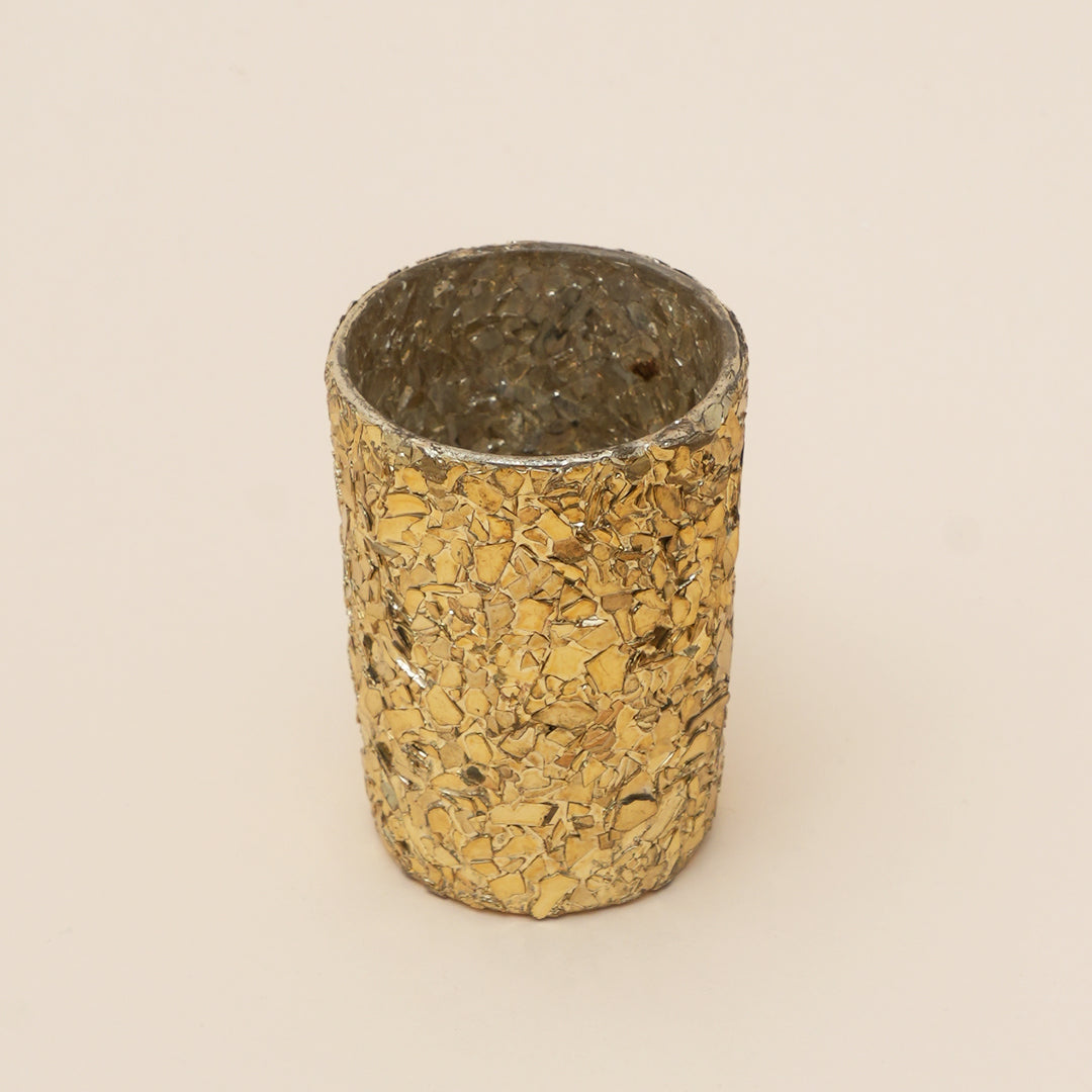 Set of 4 Gold Mosaic Cylinder Glass Votive Candle Holders | Handcrafted Shimmer Tile Design