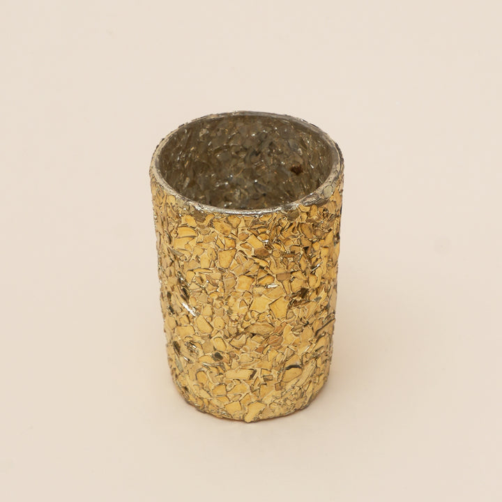 Set of 4 Gold Mosaic Cylinder Glass Votive Candle Holders | Handcrafted Shimmer Tile Design