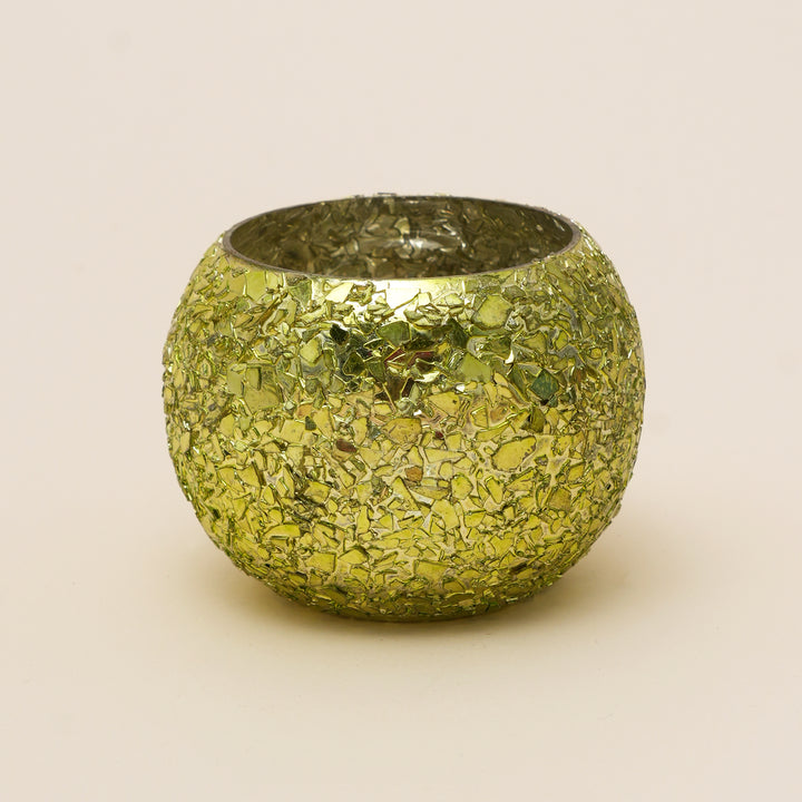 Set of 4 Gold Mosaic Globe Glass Votive Candle Holders | Handcrafted Glitter Crackle Design Tealight Holders