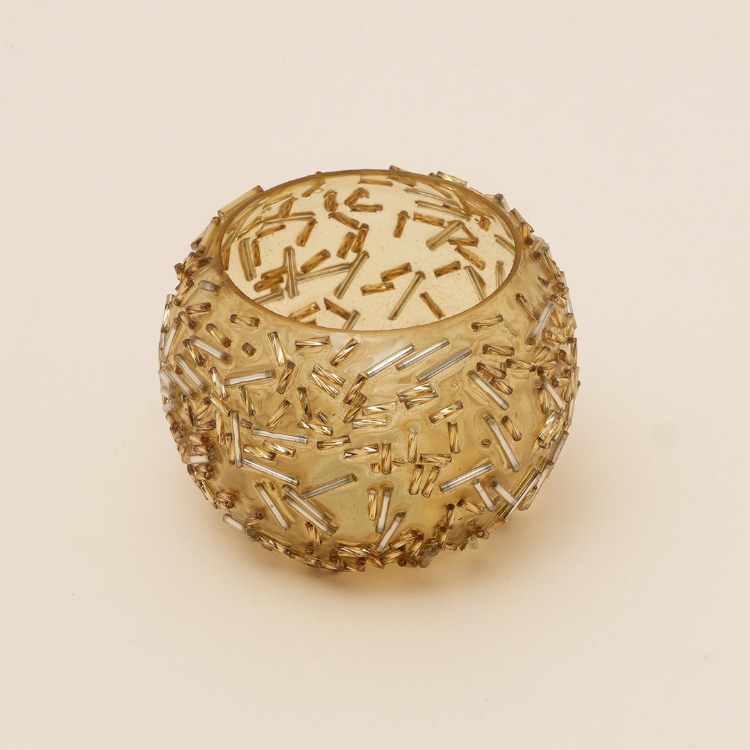 Set of 4 Gold Beaded Rod Globe Glass Votive Candle Holders | Handcrafted Radiant Glow Design Tealight Holders